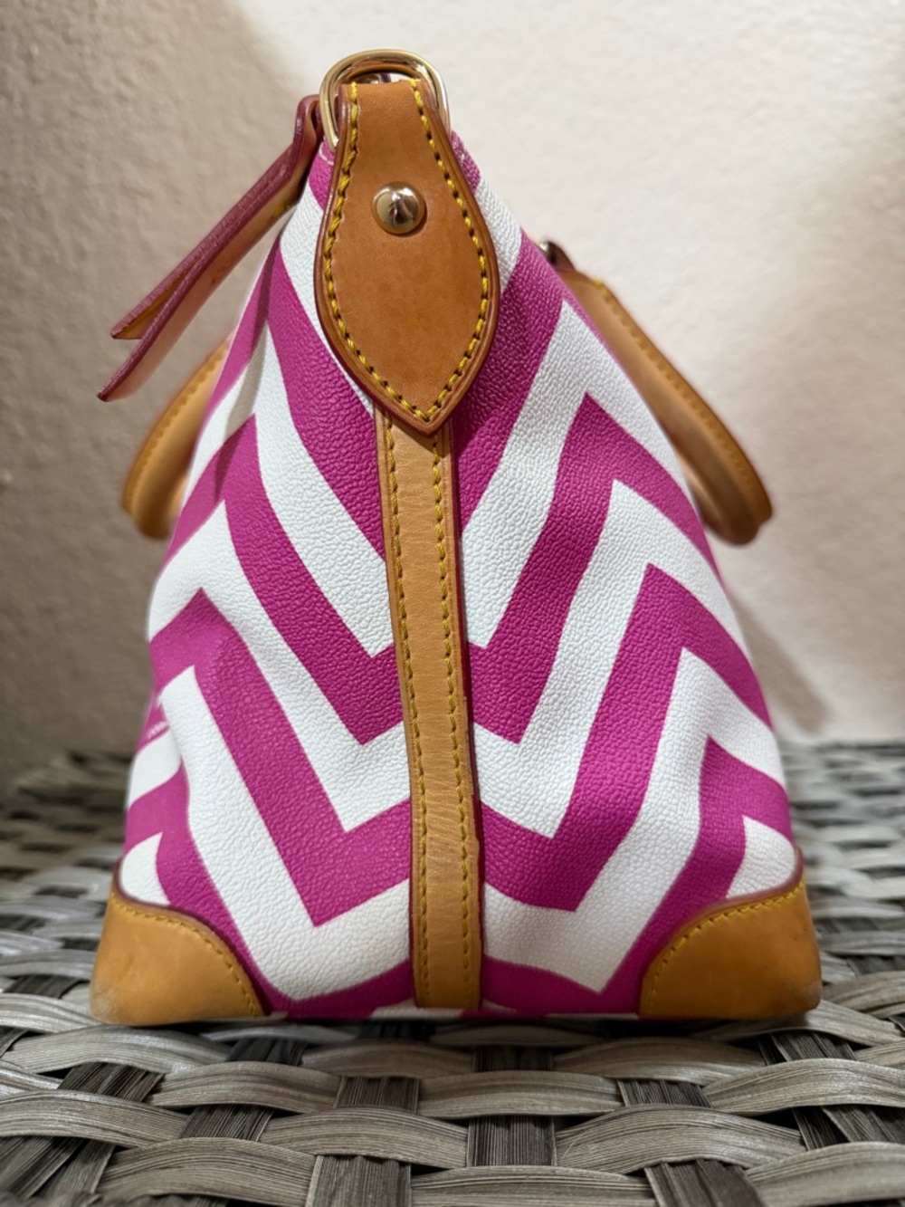 Dooney & Bourke Pink & White Geena Chevron Top Handle Satchel - Tan Leather Trim - Picture 7 of 16